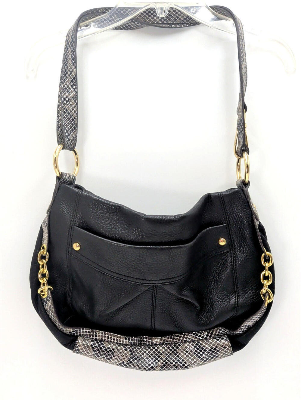 B. Makowsky Black Pebbled Leather Shoulder Bag w/Snakeskin & Chain Accents NWOT